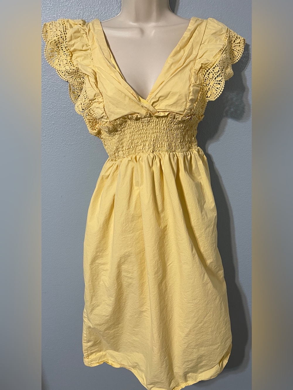 LUSH Butter Yellow Crochet Lace Smocked Waist Dress Ruffle Sleeve Cottagecore XS